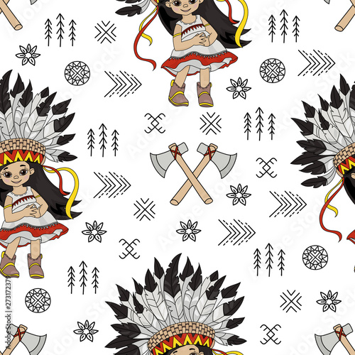 TOMAHAWK GIRL Pocahontas Indian Princess American Native Folk Ethnic Culture Seamless Pattern Vector Illustration for Print Fabric and Digital Paper