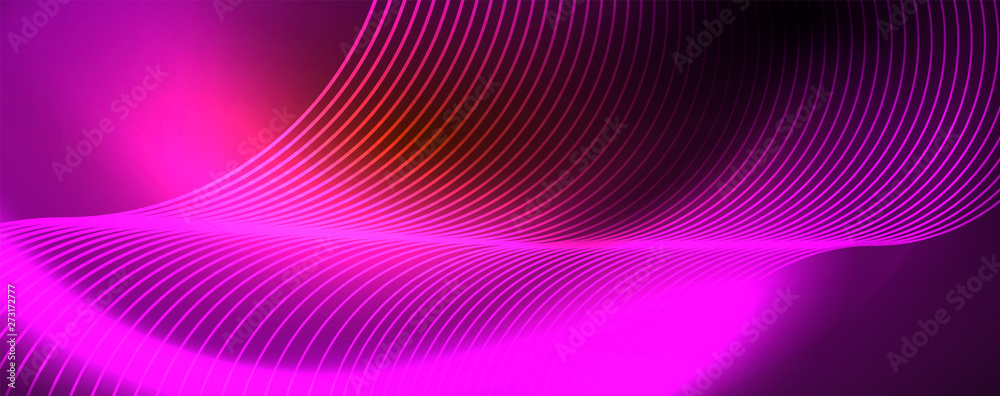 Bright neon circles and wave lines, glowing shiny background design template, digital techno concept. Bright neon circles and wave lines, glowing shiny background design template, digital techno concept.