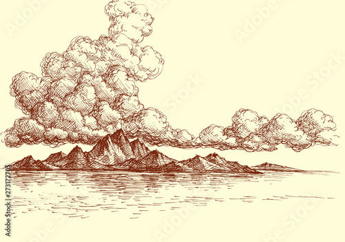Mountain panorama and sea view, clouds in the sky hand drawing