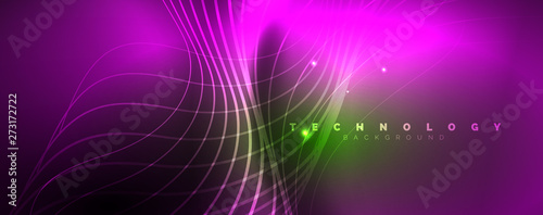 Shiny neon lines template - northern lights glowing blur lines. Futuristic style glow neon 80s disco club or night party techno template
