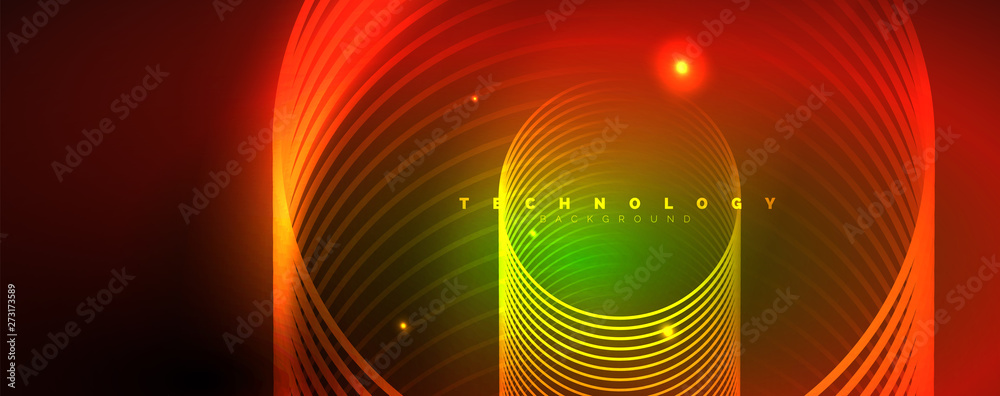 Shiny neon lines template - northern lights glowing blur lines. Futuristic style glow neon 80s disco club or night party techno template