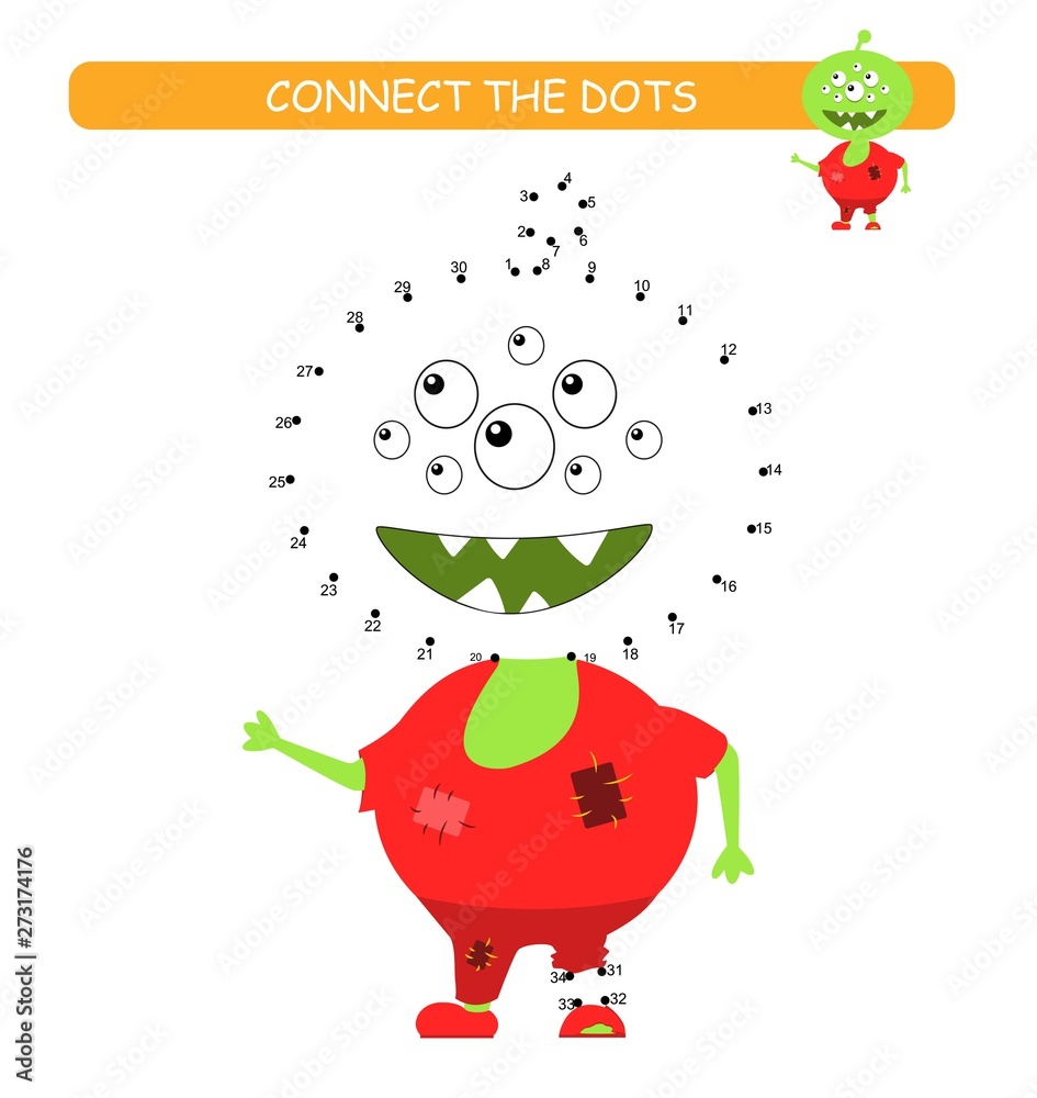 Fototapeta premium Connect the dots and color. Funny monster. Cartoon vector Illustration of educational game.