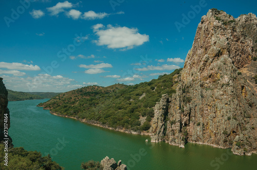 Valley with the Tagus River and rocky hills at the Monfrague National Park