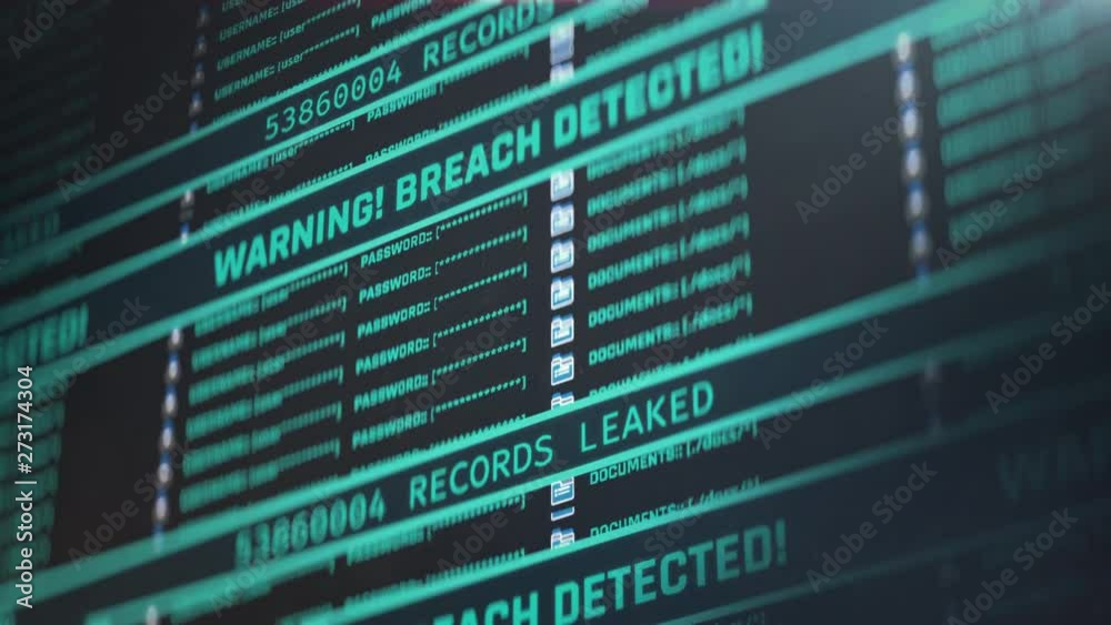 Data breach, warning message on screen, number of leaked records growing. Important data breach in progress