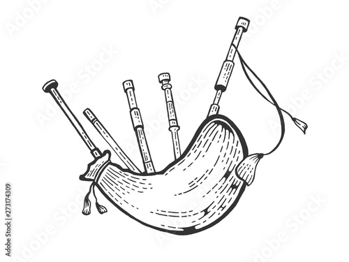 Bagpipes instrument sketch engraving vector illustration. Scratch board style imitation. Black and white hand drawn image.