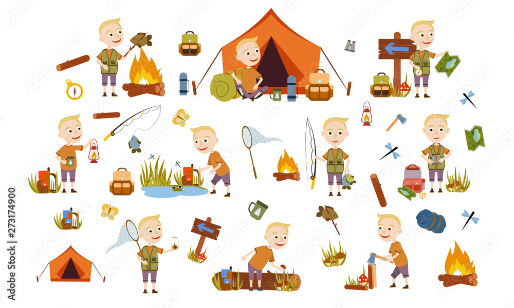 Set blond boy with a trendy hair style tourist on nature. Camping. Fishing ,, overnight in picnic mushrooms, fun and relaxation. Children's camp. Scouts. Cute Vector Illustration Set blond boy with a trendy hair style tourist on nature. Camping. Fishing ,, overnight in picnic mushrooms, fun and relaxation. Children's camp. Scouts. Cute Vector Illustration