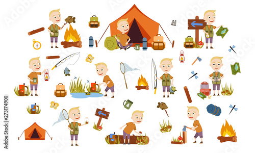 Set blond boy with a trendy hair style tourist on nature. Camping. Fishing ,, overnight in picnic mushrooms, fun and relaxation. Children's camp. Scouts. Cute Vector Illustration