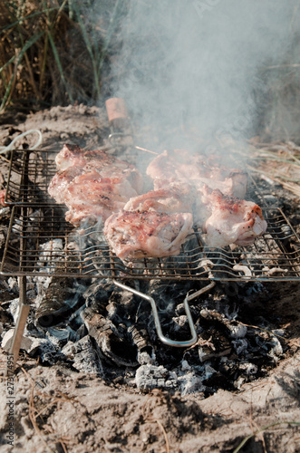 Smoke from the frying pork and chicken meat, outdoor barbecue. Cooking dinner on a fire at a picnic. Vertical.  