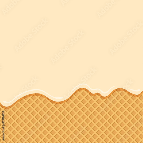 Vanilla ice cream flowing down on wafer background. Vector illustration