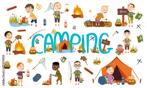Set different boys tourist on nature. Camping. Fishing ,, overnight in picnic mushrooms, fun and relaxation. Children's camp. Scouts. Cute Vector Illustration