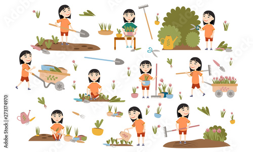 Set Girl Asian gardening plants, weed beds, watering seedlings, pruning bushes and trees, working in the garden. People and garden tools. Vector illustration