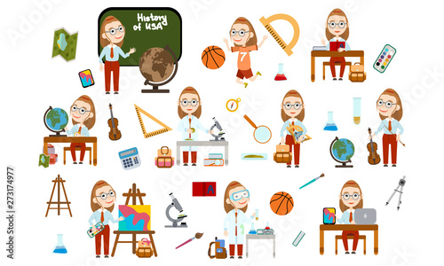 Set girl with glasses school student. Student in different lessons: science, history, sports, art, maths, English, information technology, music. Conducting experiments. Cute vector