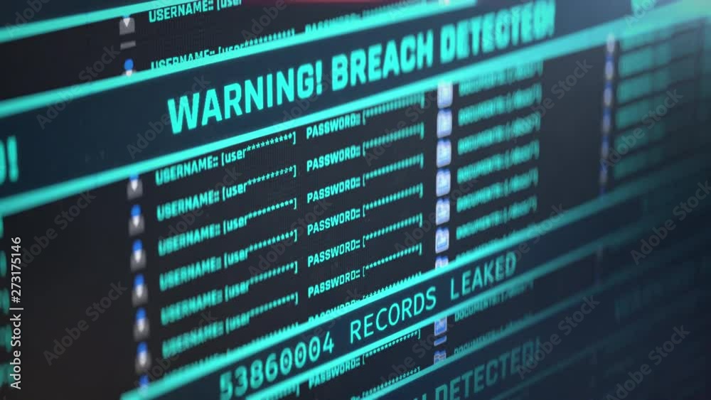 Warning, breach detected message on pc screen, number of leaked records counting. Important data breach in progress Warning, breach detected message on pc screen, number of leaked records counting. Important data breach in progress