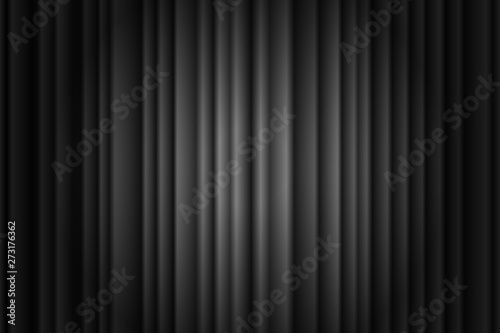 Closed silky luxury black curtain stage background spotlight beam illuminated. Theatrical drapes. Vector gradient illustration
