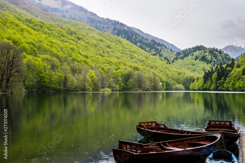 Fototapeta Naklejka Na Ścianę i Meble -  Montenegro, Pretty brown wooden rowboats anchoring on silent water of biogradsko glacial lake reflecting perfect nature landscape of biogradska gora national park