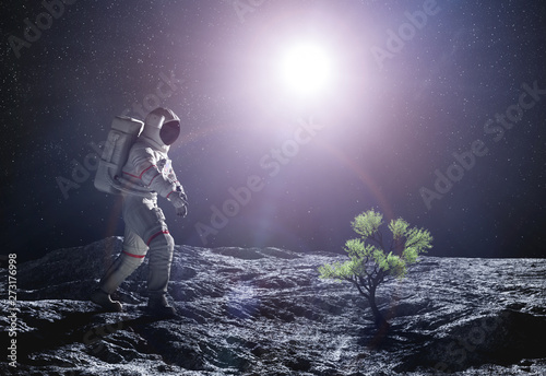 Astronaut exploring an alien planet. Green plant growing