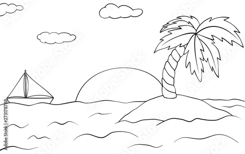 Desert island with palm tree and ship. Summer sunset landscape. Vector outline illustration. Coloring book for children.