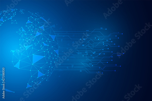 Connection concept, Abstract Technology Background, blue circuit with globe map