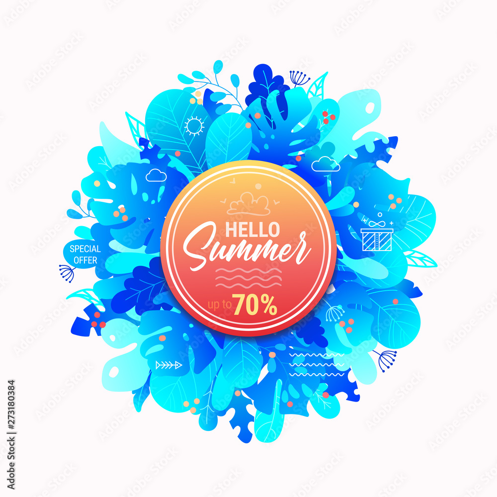 Summer sale promotion round banner. Colorful flat style vector illustration with tropical leaves, exotic plants, flowers. Hello Summer design template for poster, web banner, flyer, greeting card.