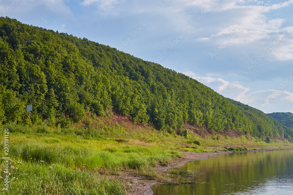 Beautiful summer landscape in Bashkiria. Bank of the White River surrounded by View of the White River from the shore, surrounded by forests on a sunny day with a cloudy sky Beautiful summer landscape in Bashkiria. Bank of the White River surrounded by View of the White River from the shore, surrounded by forests on a sunny day with a cloudy sky