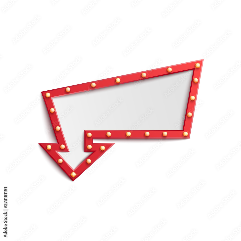 Red arrow sign lightbulb frame with small retro lights, casino show, circus or night club advertisement