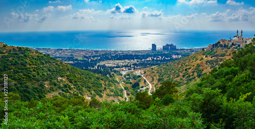 Panorama of Carmel coast, Siach valley and  Mahmud mosque, Haifa photo