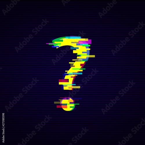 Distorted glitch effect and neon lights style exclamation mark vector illustration. photo