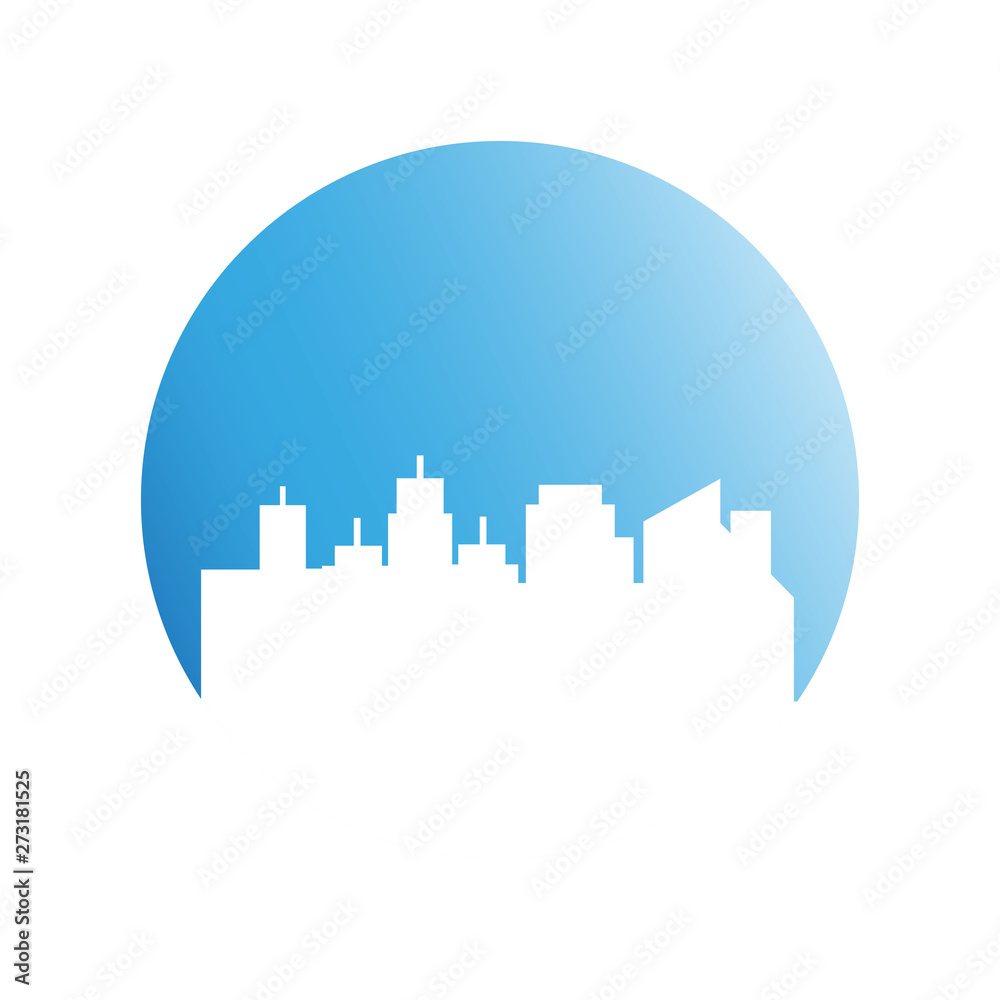 city skyline in blue circle background city skyline in blue circle background