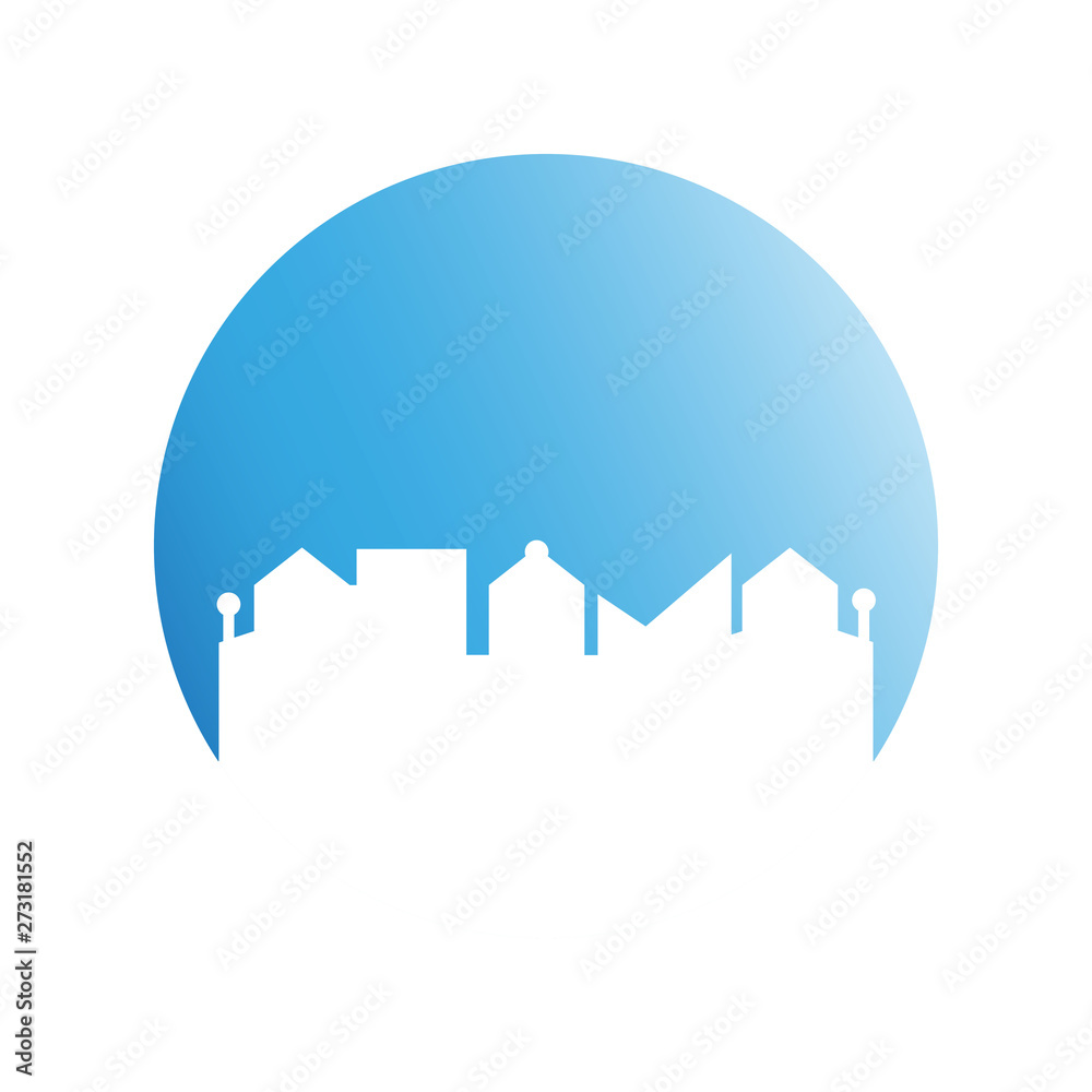 city skyline in blue circle background city skyline in blue circle background