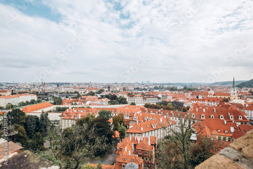 Prague panorama with red tiled roofs. cityscape skyline of Prague Czech Republic. Tile roofs of the old city