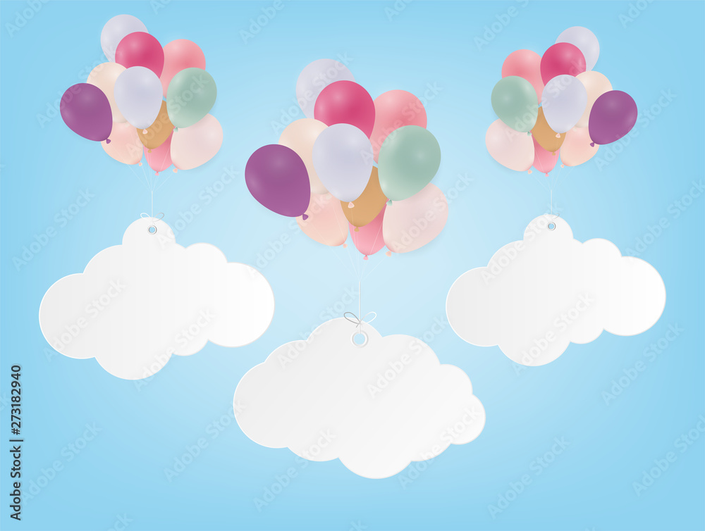 Paper art with cloud on blue sky. Copy space. Speech Bubble, White blank hanging and balloon.
