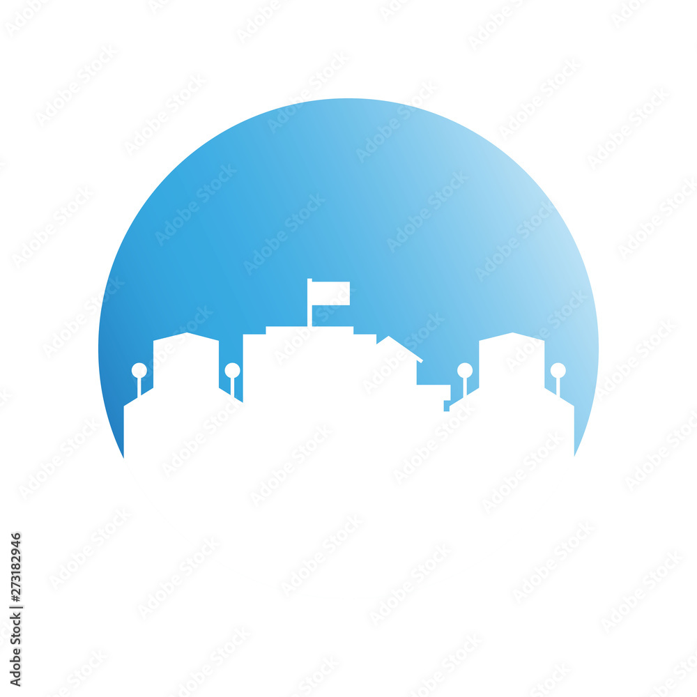 city skyline in blue circle background city skyline in blue circle background