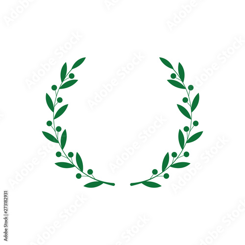 Circle frame from green silhouette of laurel branches with berries in flat style