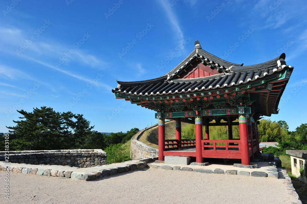 Obraz premium Korean historic site No.386, Janggieupseong of Goryeo Dynasty, located in the Janggi-myeon, Pohang, Gyeongsangbuk-do, South Korea. It was filmed on June 13, 2019.