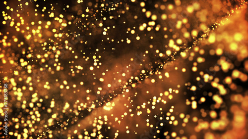 gold particles glisten in the air, gold sparkles in a viscous fluid have the effect of advection with depth of field and bokeh. 3d render. cloud of particles. 52