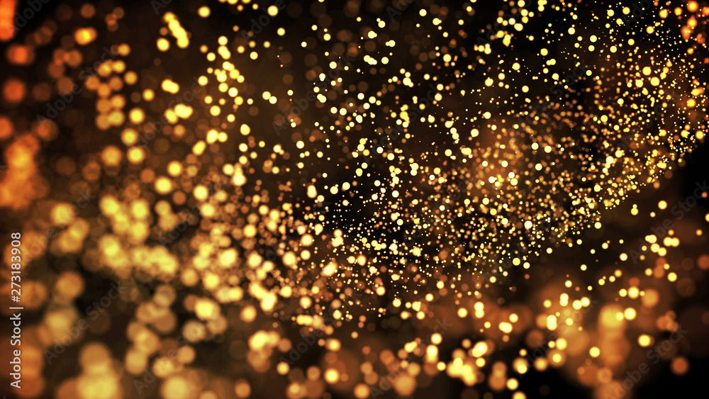 gold particles glisten in the air, gold sparkles in a viscous fluid have the effect of advection with depth of field and bokeh. 3d render. cloud of particles. 76