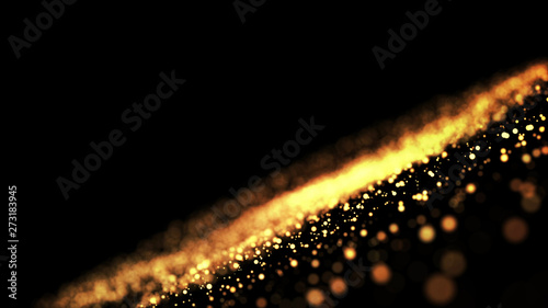 gold particles glisten in the air, gold sparkles in a viscous fluid have the effect of advection with depth of field and bokeh. 3d render. cloud of particles. 82