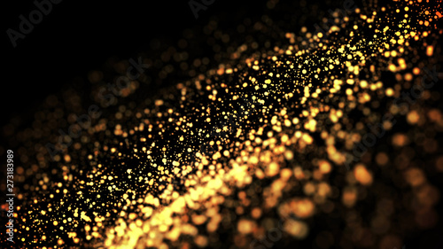 gold particles glisten in the air, gold sparkles in a viscous fluid have the effect of advection with depth of field and bokeh. 3d render. cloud of particles. 86
