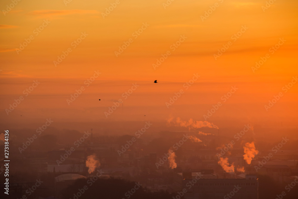 Obraz premium Sunrise over factory at the industrial area. Orange light rays comes through morning fog and smoke from pipes. Industrial chemical manufacturing
