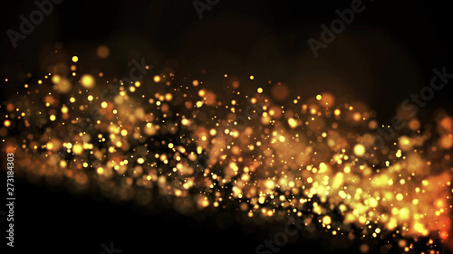 gold particles glisten in the air, gold sparkles in a viscous fluid have the effect of advection with depth of field and bokeh. 3d render. cloud of particles. 126