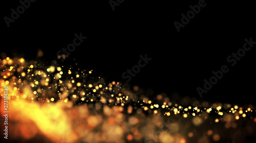 gold particles glisten in the air, gold sparkles in a viscous fluid have the effect of advection with depth of field and bokeh. 3d render. cloud of particles. 127