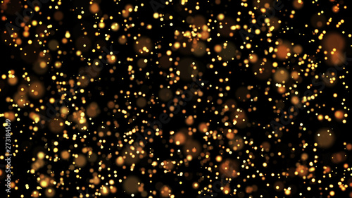 gold particles glisten in the air, gold sparkles in a viscous fluid have the effect of advection with depth of field and bokeh. 3d render. cloud of particles. 143