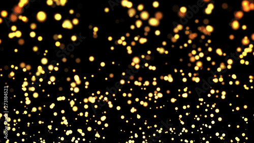 gold particles glisten in the air, gold sparkles in a viscous fluid have the effect of advection with depth of field and bokeh. 3d render. cloud of particles. 144