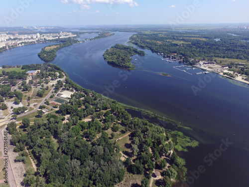 Aerial drone view of Kiev cityscape, Dnepr river. (drone image).