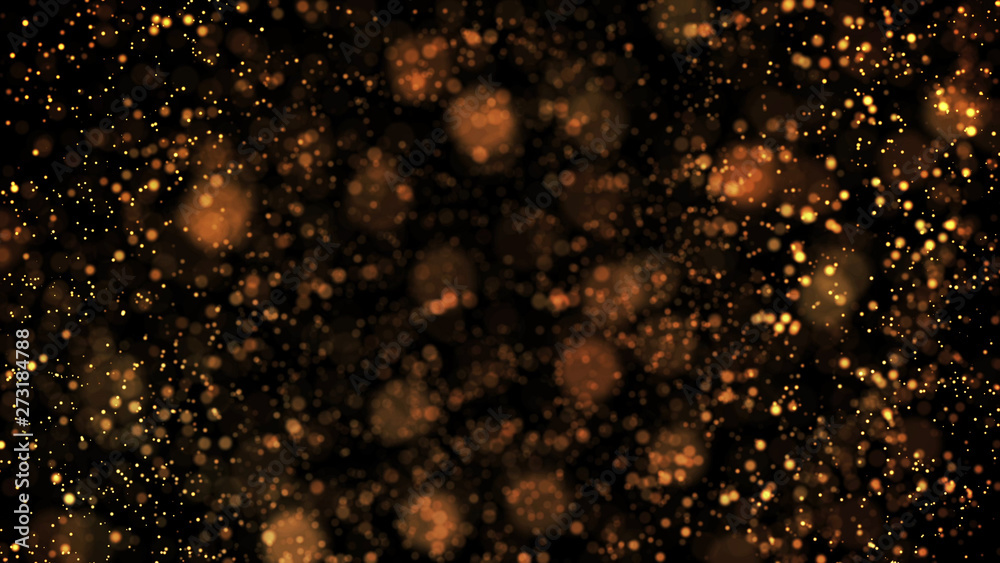 gold particles glisten in the air, gold sparkles in a viscous fluid have the effect of advection with depth of field and bokeh. 3d render. cloud of particles. 168