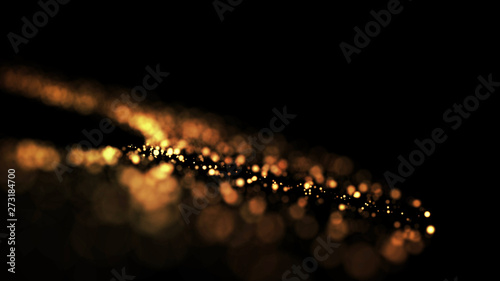 gold particles glisten in the air, gold sparkles in a viscous fluid have the effect of advection with depth of field and bokeh. 3d render. cloud of particles. 162