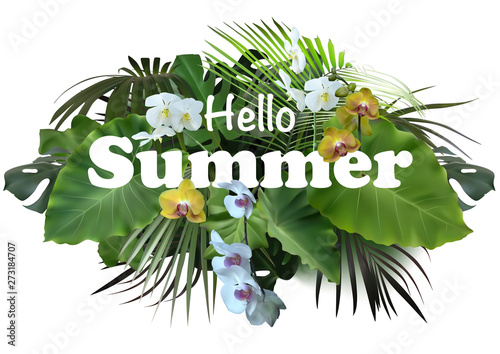 Summer Tropical Banner or Flyer Design with Exotic Leaves and Orchid Flowers - Photorealistic Illustration, Vector Graphic