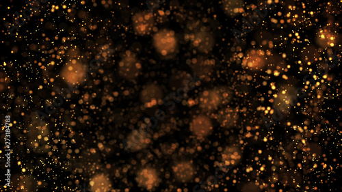 gold particles glisten in the air, gold sparkles in a viscous fluid have the effect of advection with depth of field and bokeh. 3d render. cloud of particles. 168