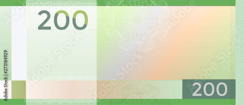 Voucher template banknote 200 with guilloche pattern watermarks and border. Green background banknote, gift voucher, coupon certificate, diploma, money design, currency, note, check, cheque, reward