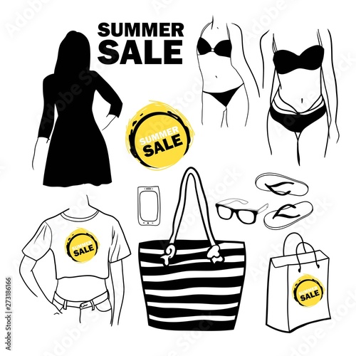 Design for clothing store advertisements, seasonal sales, accessories, silhouette manikens in a dress and a bathing suit, shopping bag, slippers, sunglasses, graphic drawings in vector